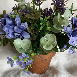 Artificial Lavender and Greenery Arrangement in Terracotta Pot. Hand designed.